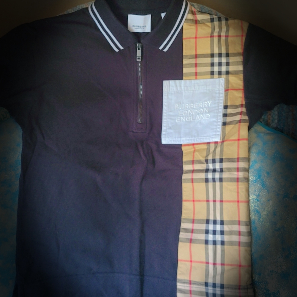 Burberry Black Polo with Tan Plaid Accent